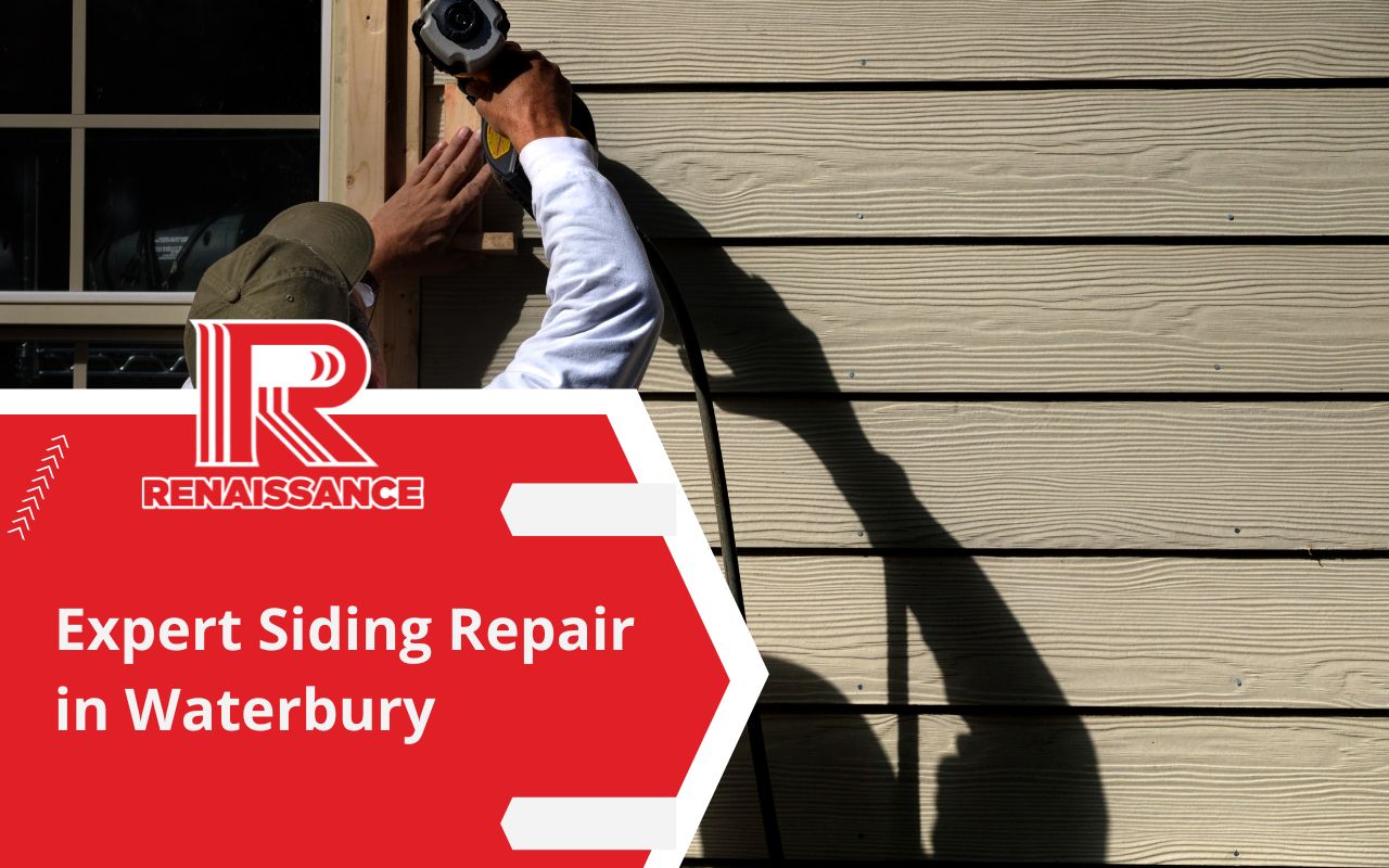Contractor repairing cracked siding on a house in Waterbury.